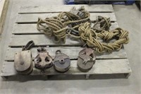 BLOCK & TACKLE WITH ROPE, AND ASSORTED PULLEYS
