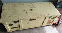 CEDAR CHEST PAINTED YELLOW W/APPLIED STICKERS