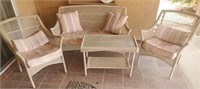 Wicker Patio Bench, 2 Chairs & Table