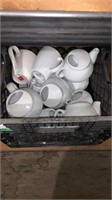 Milk crate of Coffee mugs and tea pots