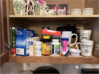 CONTENTS OF SHELF COFFEE MUGS MORE