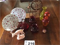 AMBERINA GLASSWARE, RUBY RED VASES, PLATES,