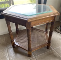 Hexagonal Glass Top Accent Table w/ Caned Shelf