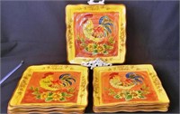 7 Orange Rooster Square Dinner Plates by Maxcera