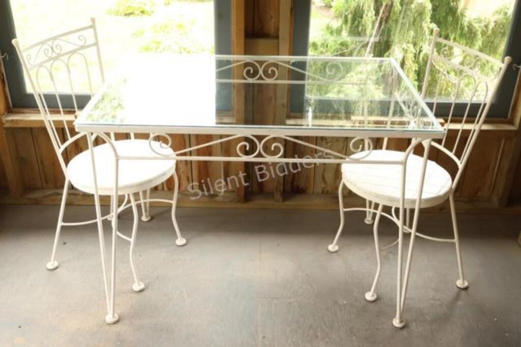 Wrought Iron Glass Top Table w Padded Seat Chairs