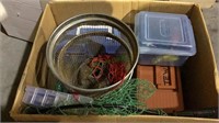 Box lot of fishing items, 2 fishing tackle boxes,