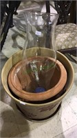 2 large planters, glass hurricane globe, dog toy,