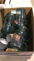 Box lot of Aqua glass ball jars with some zinc