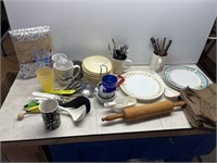 Utensils, dishes, rolling pin, tablecloth etc