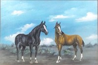 Artist Signed Wild Horses Oil On Board Painting