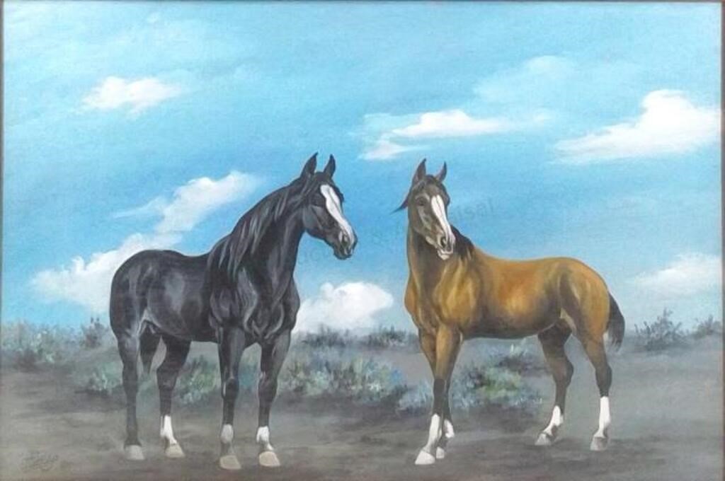 Artist Signed Wild Horses Oil On Board Painting