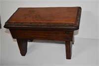 Wooden Oak Step Stool w/Leather Top Brass Brads