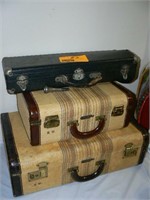 2 VINTAGE SUITCASES, HORN CASE AND MOUTHPIECE