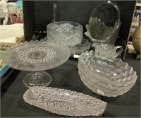 Clear Pressed Glass Cake Stand, Bowls, Basket.