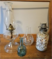 2 Oil Lamps and blue glass bottle