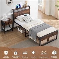 E9844 14" Twin Bed Frame w/ Headboard,Rustic Brown