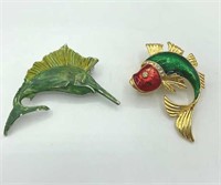 Lot of 2 Vintage Fish Brooches Enamel Sailfish