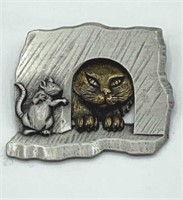 Vintage JJ JONETTE Cat  Mouse Bronze Silver Brooch