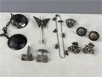 Silver Cuff Links, Earrings, Hat Pin, Anklet