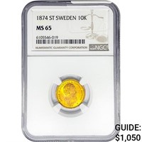 1874 .1296oz. Gold ST Sweden 10 Kroner NGC MS65