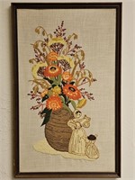 Framed Textile Needlepoint Art- Bouquet in Basket