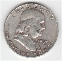 1957 D 90% Silver Franklin Half Dollar Coin