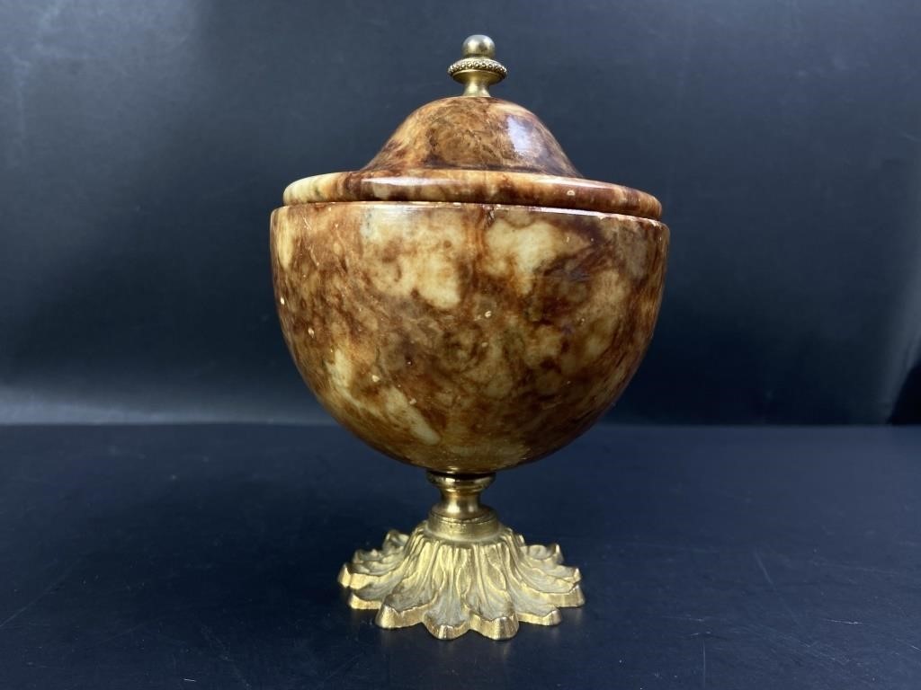 Carved Marble & Brass Urn w Lid