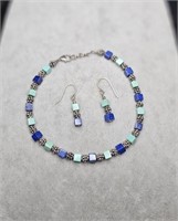 Sterling 925 Turquoise & Lapis Bracelet & Earrings