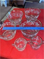 Box of vintage frosted grape etched bowls with