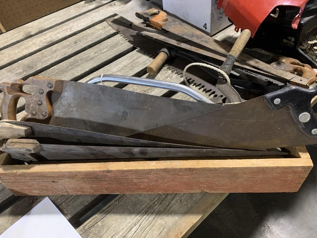 Wood box with saws & misc
