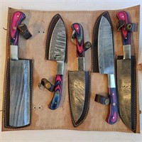 Damascus Knives Kitchen Set w/ Leather Carry Case