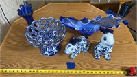 Blue decorative ceramic pieces & glass
