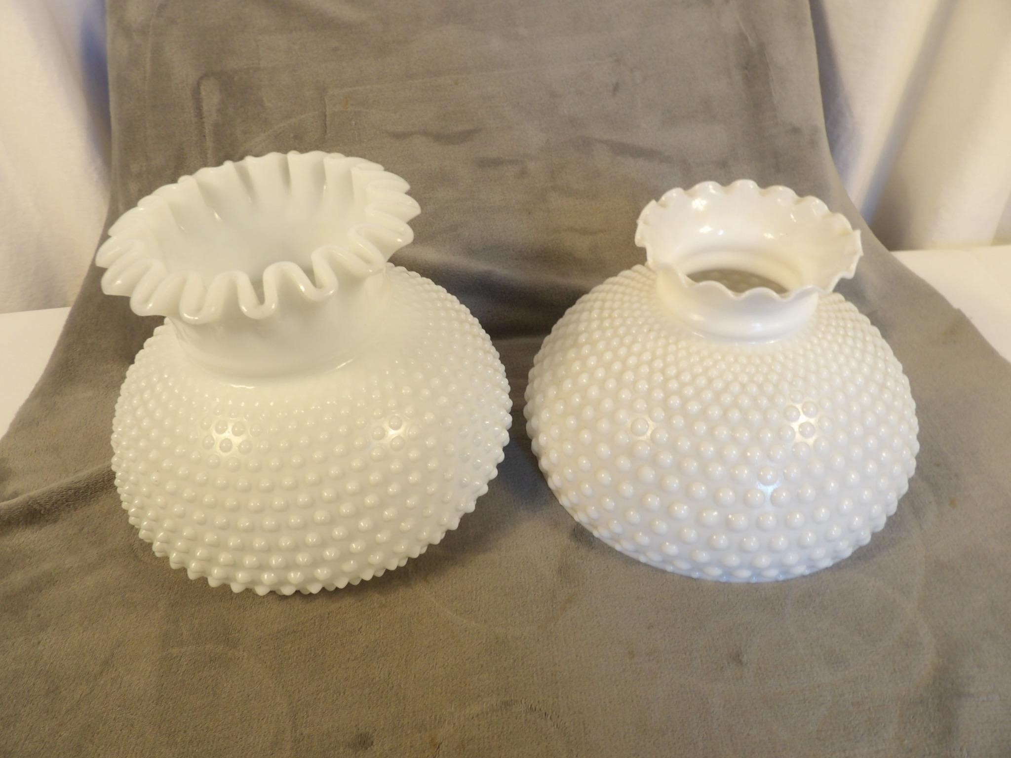 Two Hurricane Lampshades Milk Glass Hobnail