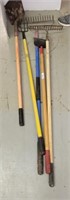 GROUP OF YARD TOOLS-RAKES, SHOVEL, MISC