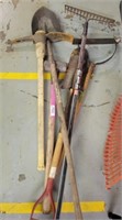 GROUP OF YARD TOOLS-SHOVEL, RAKE, PICKAX, MISC