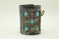 Native American Silver Turquoise & Leather Cuff