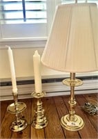 27" Heavy brass table lamp and 2 candlesticks