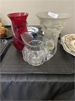 Pair of vases, glass pitcher.