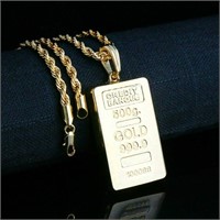 Gold Brick Pendant Iced Cubic-Zirconia 20" Rope