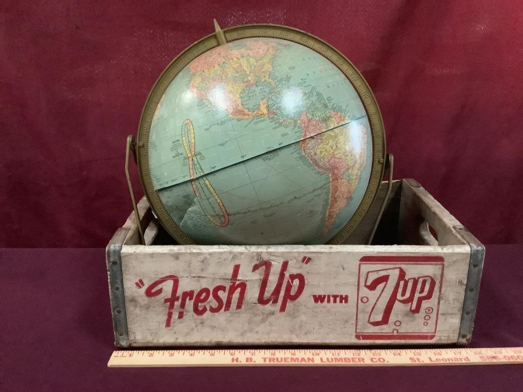 Crams Vintage Imperial Globe With Old 7-Up Crate