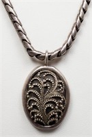 Lois Hill Silver Ornate Oval Pendant Necklace