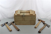 Vtg. Ammo Storage Crate + 4 Carpentry Hatchets