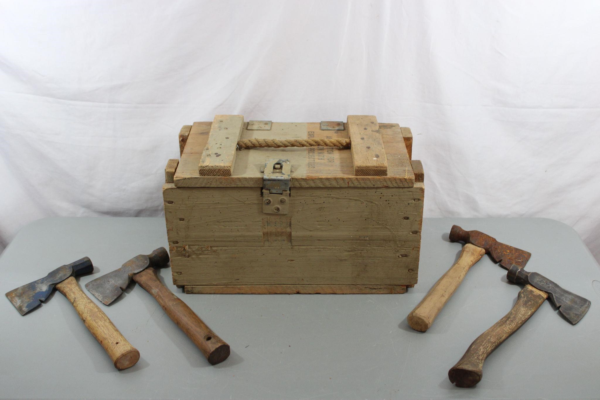 Vtg Ammunition Storage Crate, Carpentry Hatchets
