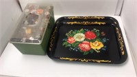Two metal trays  (one is dented)
Sewing kit w