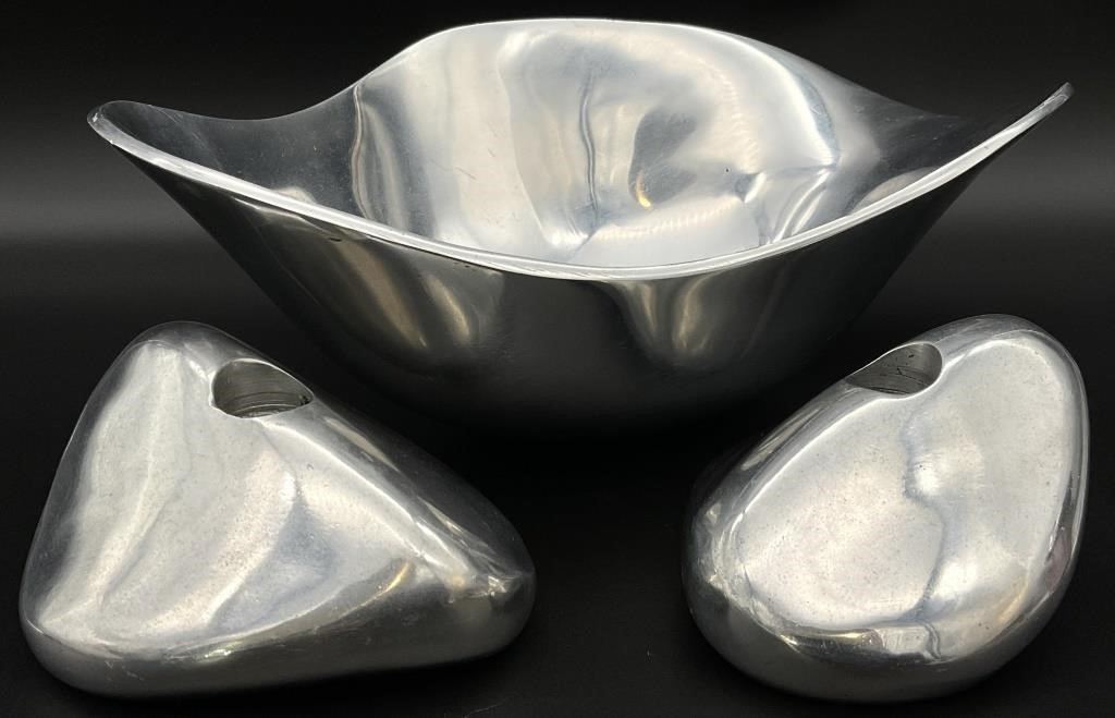 3pc Pewter Centerpiece Bowl & Candlesticks