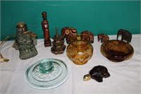 Amber glass vase, bowl, inuit carving, etc