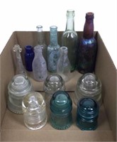 (14pc) Antique Glass Bottles, Insulators