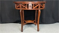 Antique Oval Wood Lamp Side Table, Floral Carving