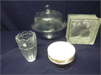 VINTAGE PYREX DISH, CAKE PLATTER, VASE, AND MORE