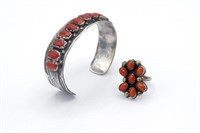 Native American coral & silver bangle & ring
